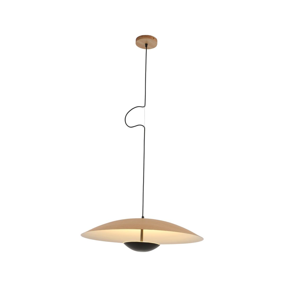 The Ginger LED Small Pendant Light - Black & Brown features a wide, flat wooden shade suspended by a curved black cord, casting a warm, soft glow beneath its modern and elegant design.