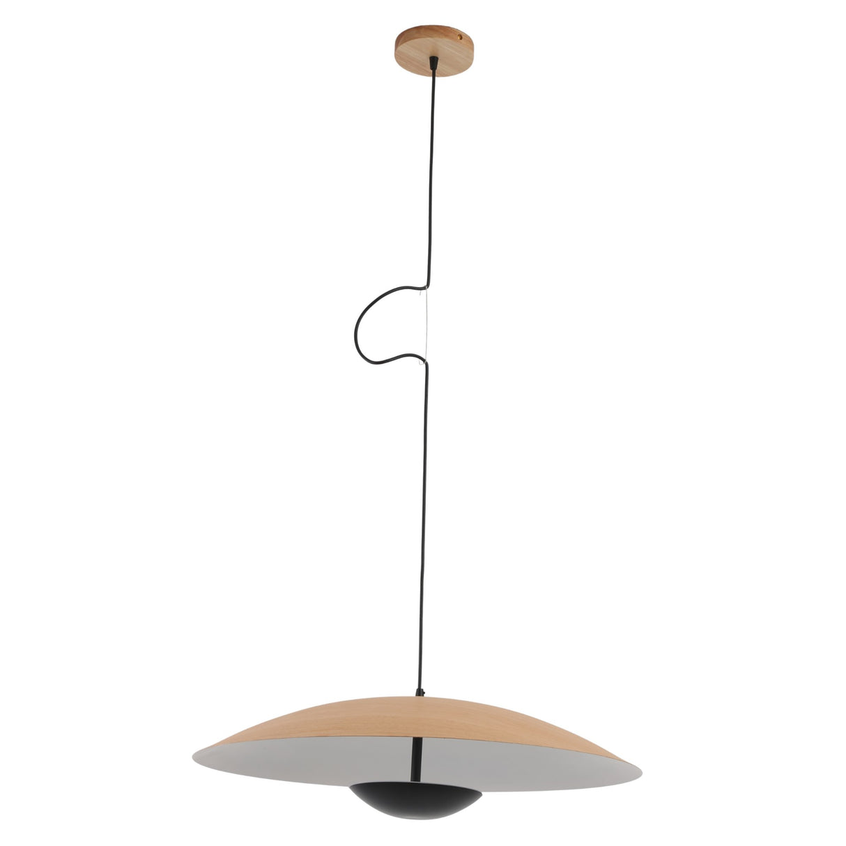 The Ginger LED Large Pendant Light - Black & Brown features a modern round wooden shade, black central fixture, and slim black cord—delivering stylish minimalist design ideal for kitchen island lighting.