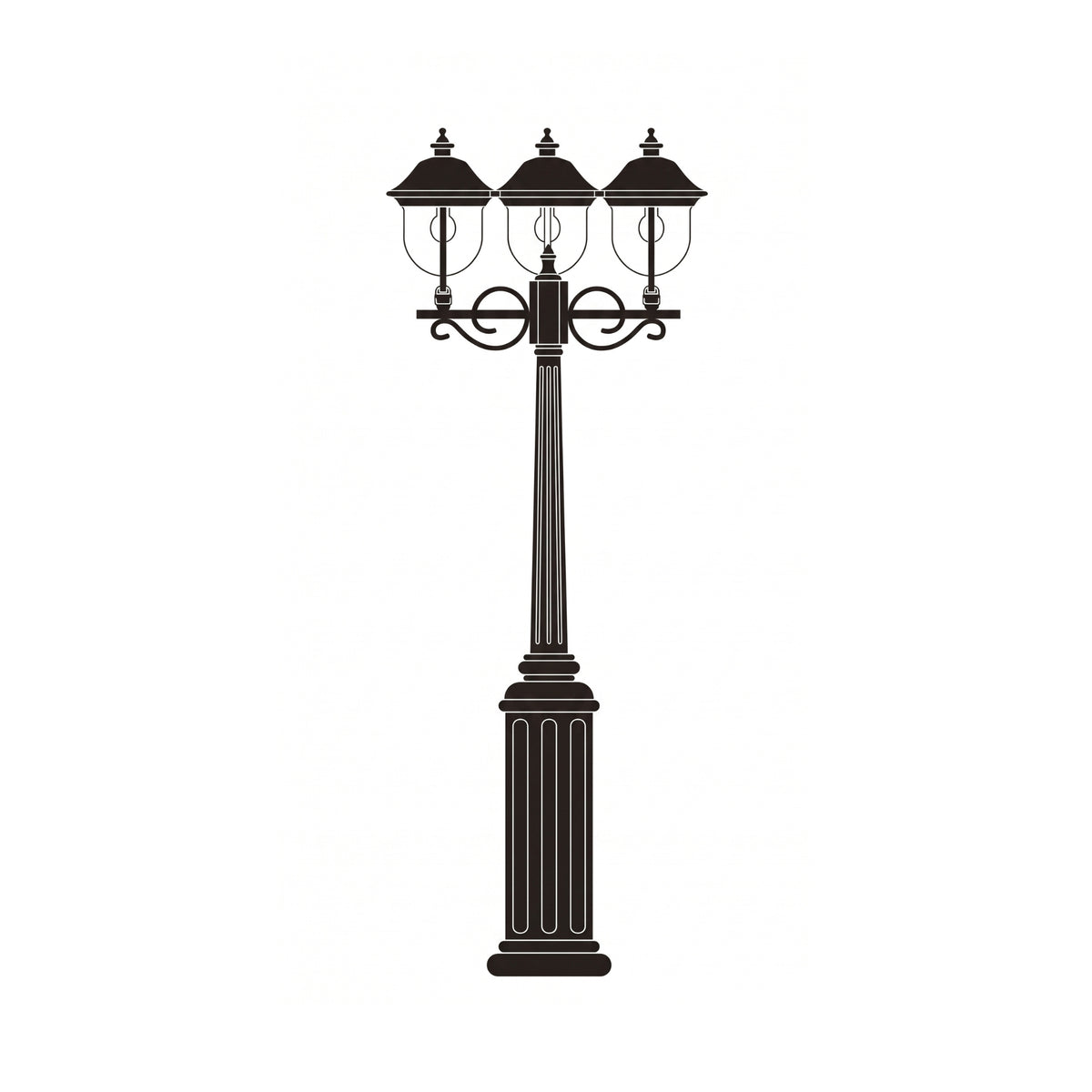 Volute 3-light outdoor lamp post in black with copper-top lantern roofs, fluted column base and scrolled brackets, shown on a plain white background.