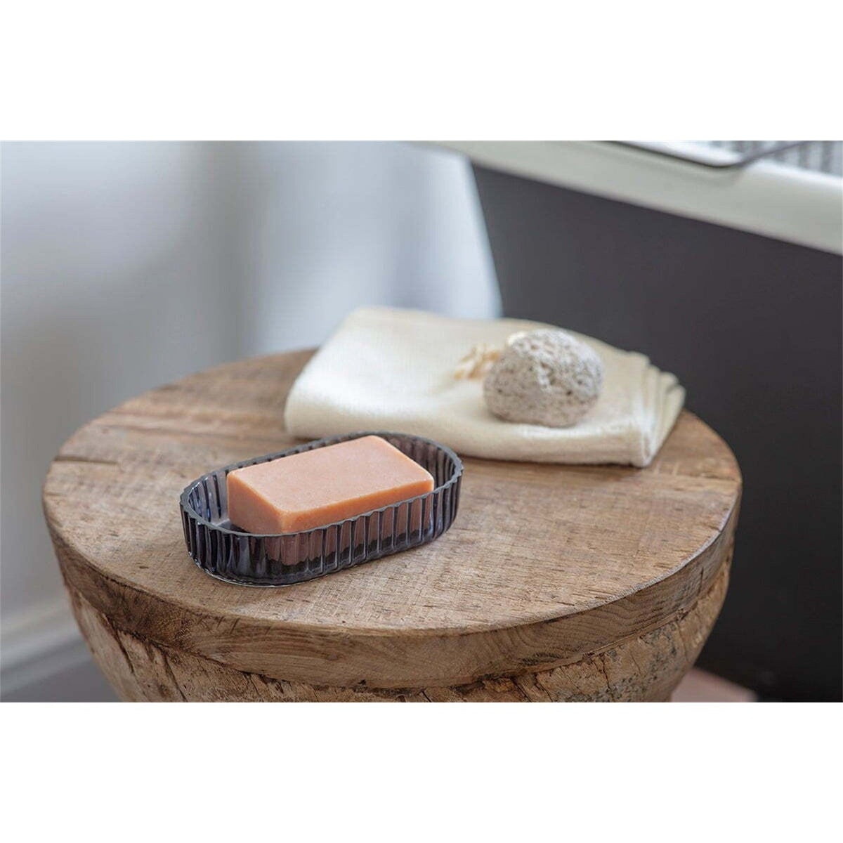 Valeska Ribbed Recycled Glass Soap Dish - Grey Smoke