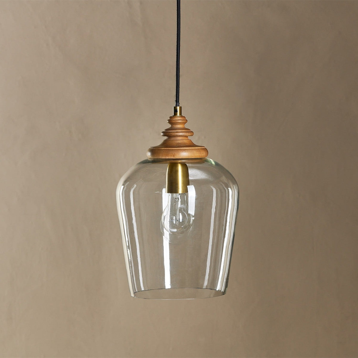 Varuna Mango Wood & Glass Pendant Light - Natural & Clear