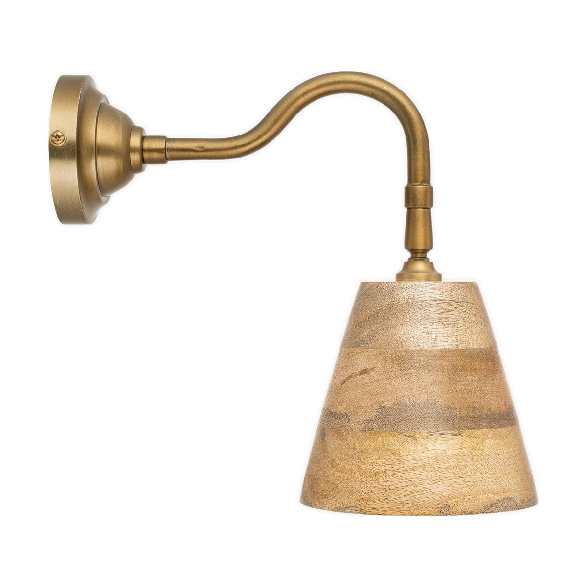 Vattu plug-in wall light with a domed antique brass wall plate, curved swan-neck arm, and a cone-shaped mango wood shade in natural honey tones, shown against a plain white background.