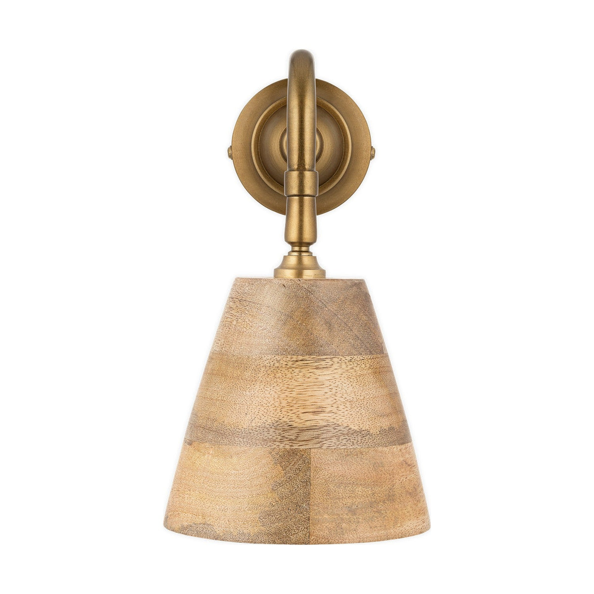 Vattu Mango Wood Plug In Wall Light in Natural, with an antique brass wall plate and swan neck arm holding a cone-shaped wooden shade with horizontal grain bands, shown on a white background.