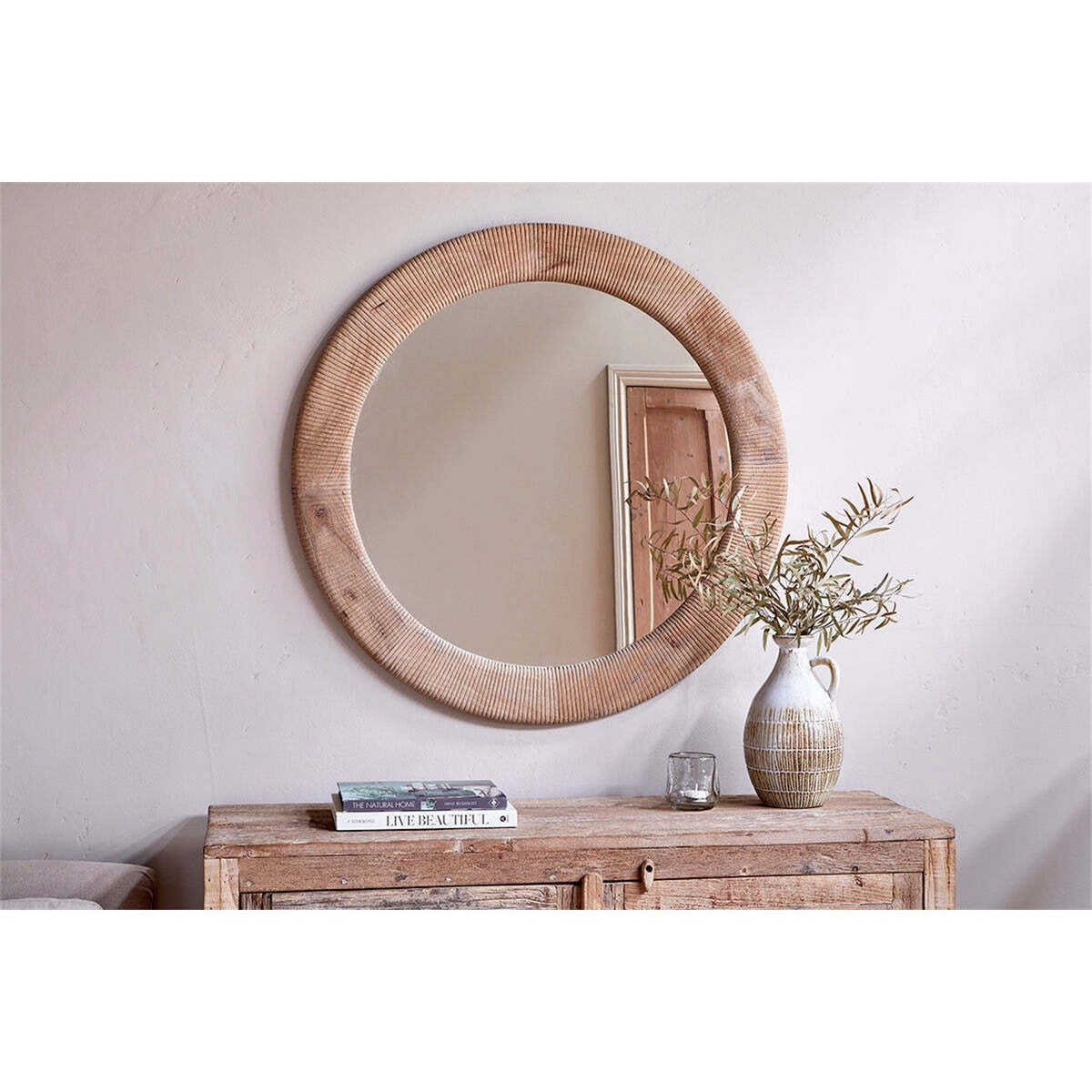 Vivan Round Grooved Wood Wall Mirror - Natural