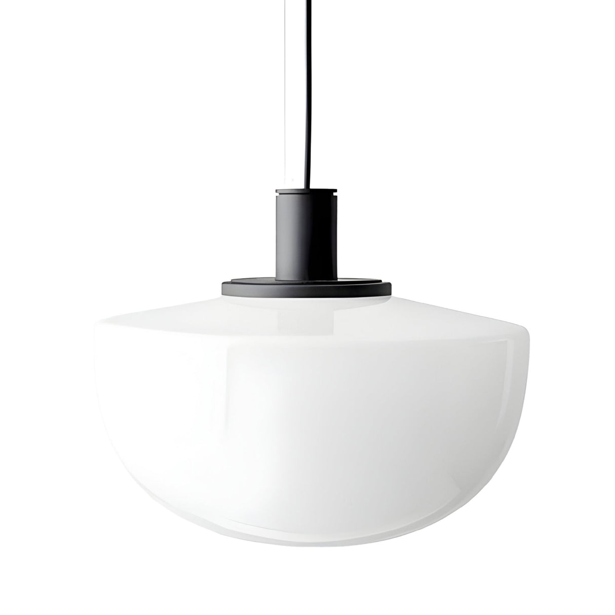 The Verge 1 Light Pendant features a minimalist design with a glossy opal shade, sleek black fixture, and is suspended by a black cord with a visible white power cable at the top.