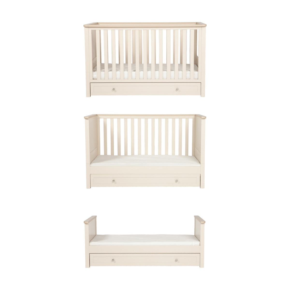 Wanderer Convertible Cot Bed with Drawer in Cashmere, shown in three configurations—cot, toddler bed, and daybed—with slatted sides, oak-effect trim, and under-bed drawer on a white background.
