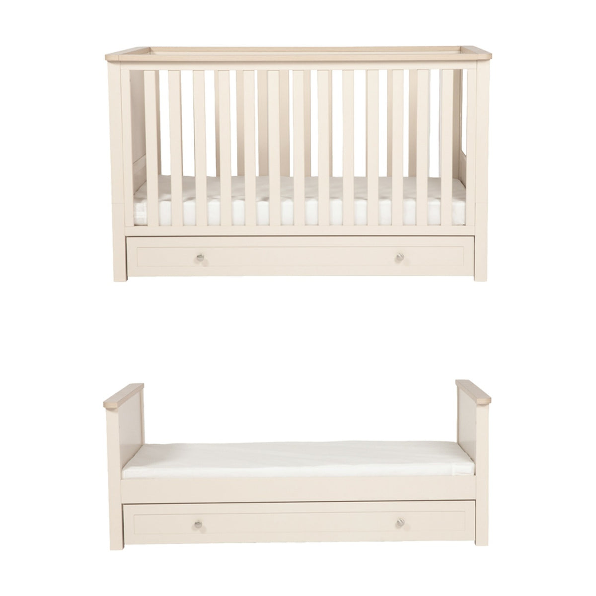 Wanderer Convertible Cot Bed with Drawer in Cashmere, shown as a slatted cot with mattress and as a toddler bed with side rails, both with an under-bed drawer, on a white background.