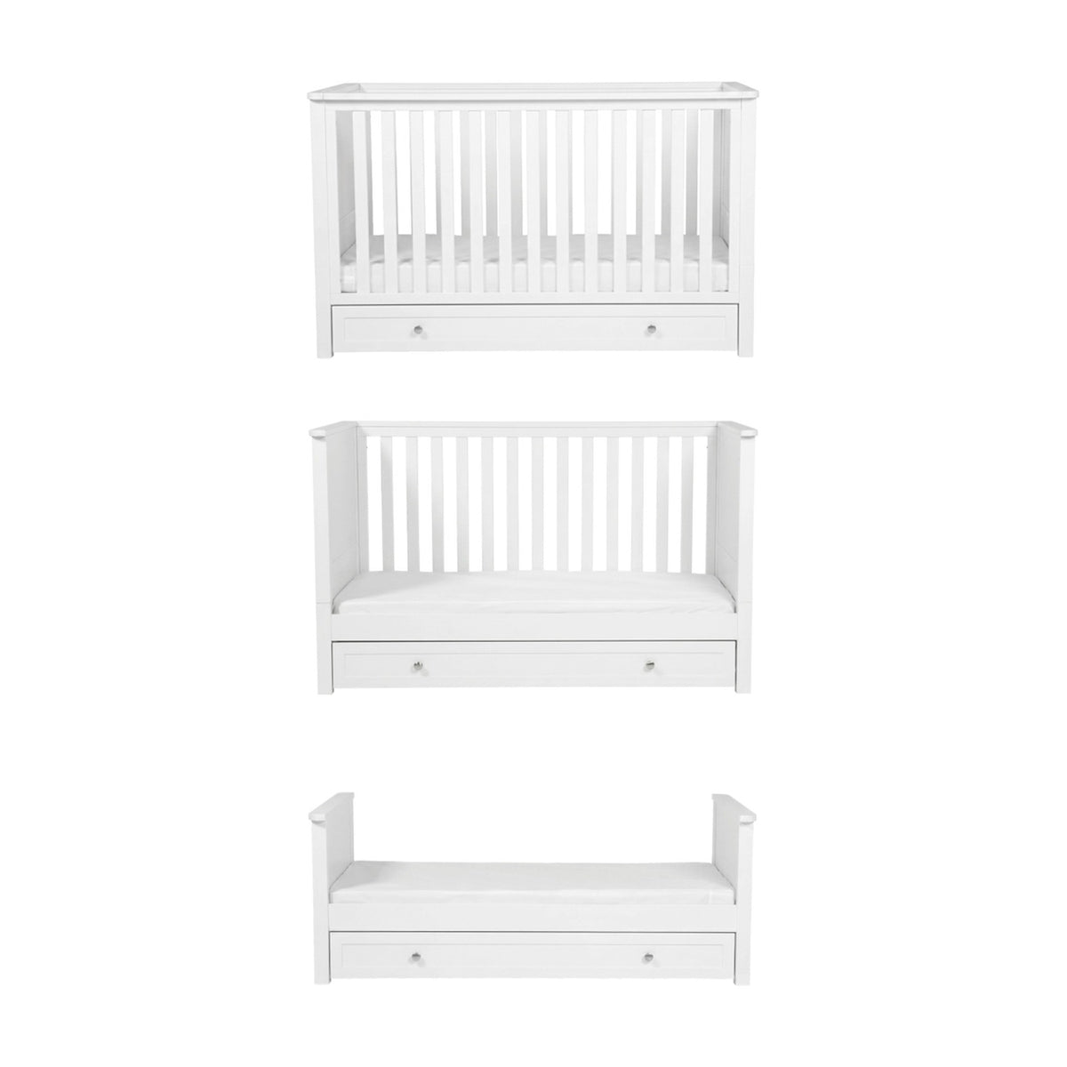 Wanderer Convertible Cot Bed with Drawer in white, shown in three stages from full cot to toddler bed with under-bed drawer, on a plain white background.