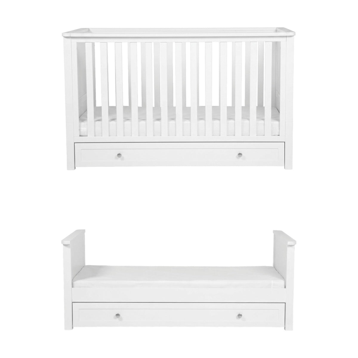 Wanderer Convertible Cot Bed with Drawer in white, shown as a full-side cot and as a low toddler day bed with an under-bed drawer, on a plain white background.