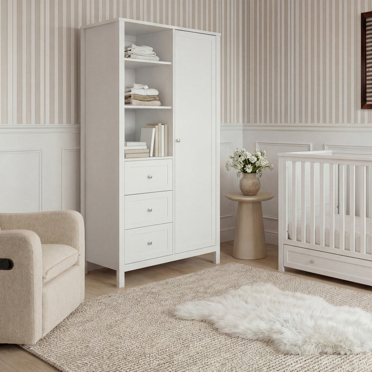 Wanderer Kids Wardrobe with 3 Drawers & Shelves - White