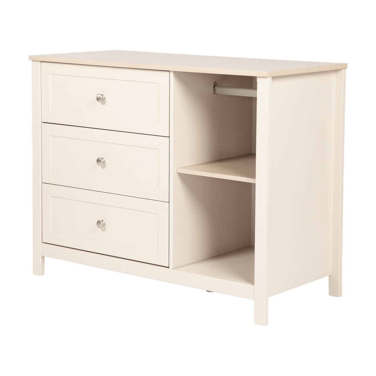 Wanderer changing table in cashmere finish with oak-effect top, three drawers with brushed metal handles, and an open side section with shelf and hanging rail, shown on a plain white background.