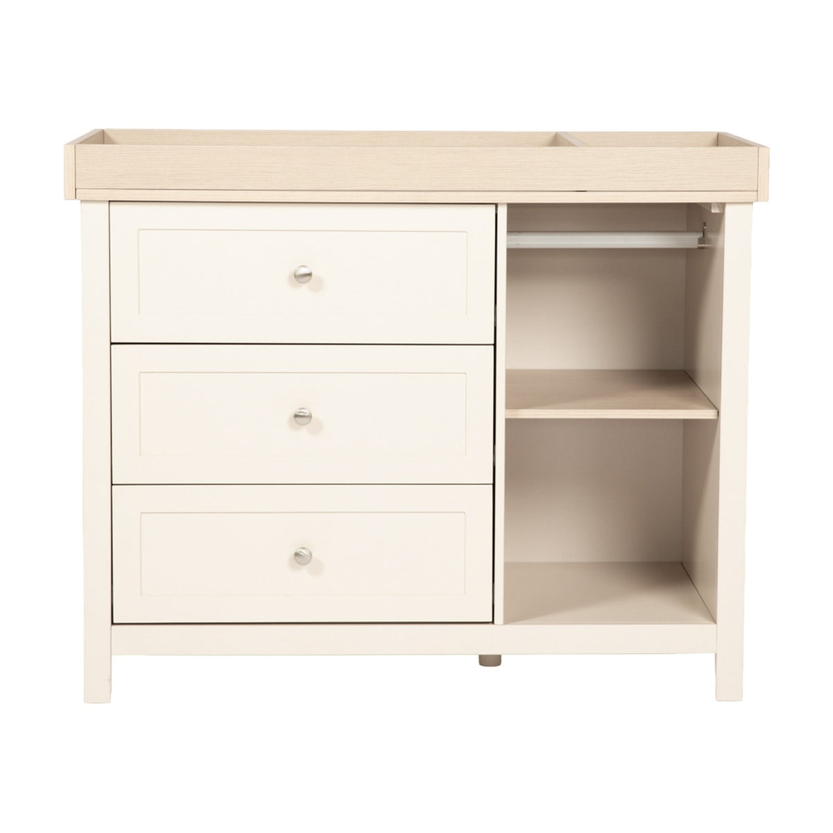 Wanderer Changing Table with three cashmere drawers, brushed metal knobs, oak-effect top with raised edges, and an open side section with shelf and hanging rail, on a plain white background.
