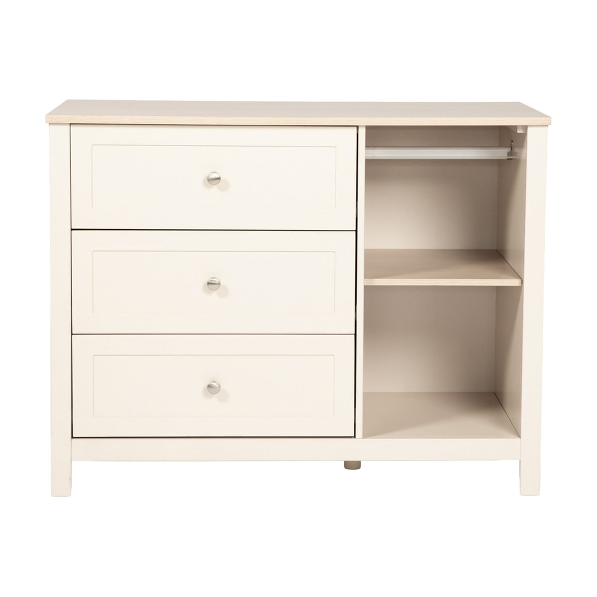 Wanderer Changing Table with Drawers in cashmere finish, oak-effect top, three drawers with brushed metal handles, open side shelving with hanging rail, on a plain white background.