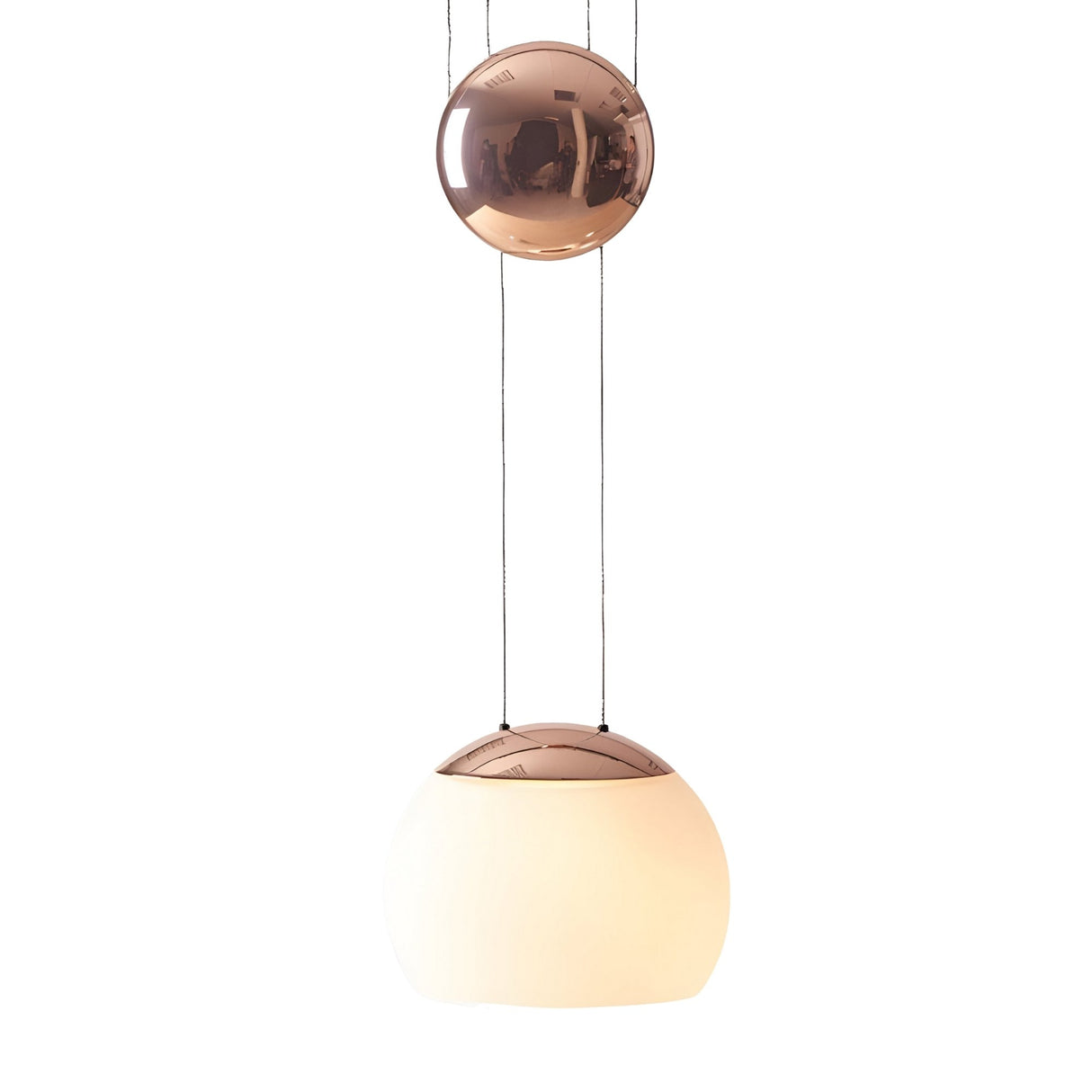 The Yoyo LED Pendant Light - Copper showcases a modern copper finish, large frosted white glass shade, and energy-efficient LED lighting, suspended by two thin wires for a sleek, contemporary look.