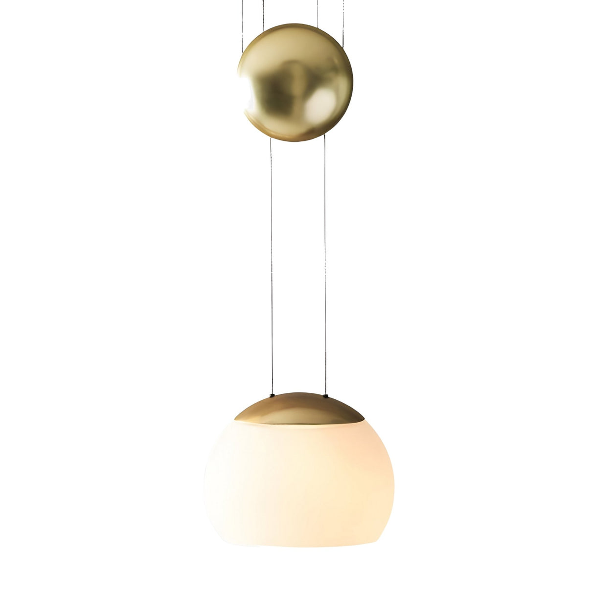 The Yoyo LED Pendant Light - Gold features a frosted white glass dome, brushed gold cap and canopy, energy-efficient LED lighting, and adjustable shade height for a modern look in any room.