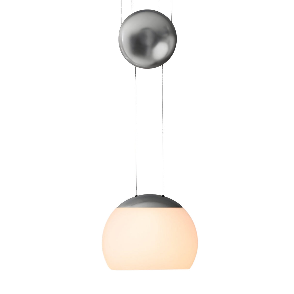 The Yoyo LED Pendant Light - Silver features a dome-shaped frosted white glass shade, adjustable for versatile lighting, and hangs from two thin wires on a round metallic ceiling mount with a sleek silver finish.