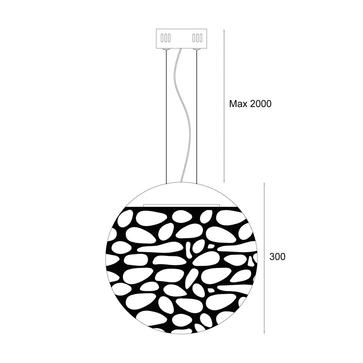 Diagram of the Elon LED Single Pendant, featuring a circular design with a striking black and white abstract pattern and a copper finish. It has a maximum hanging length of 2000 mm and measures 300 mm in diameter. The pendant light includes dimmable capabilities, with electrical wires extending from a ceiling mount.