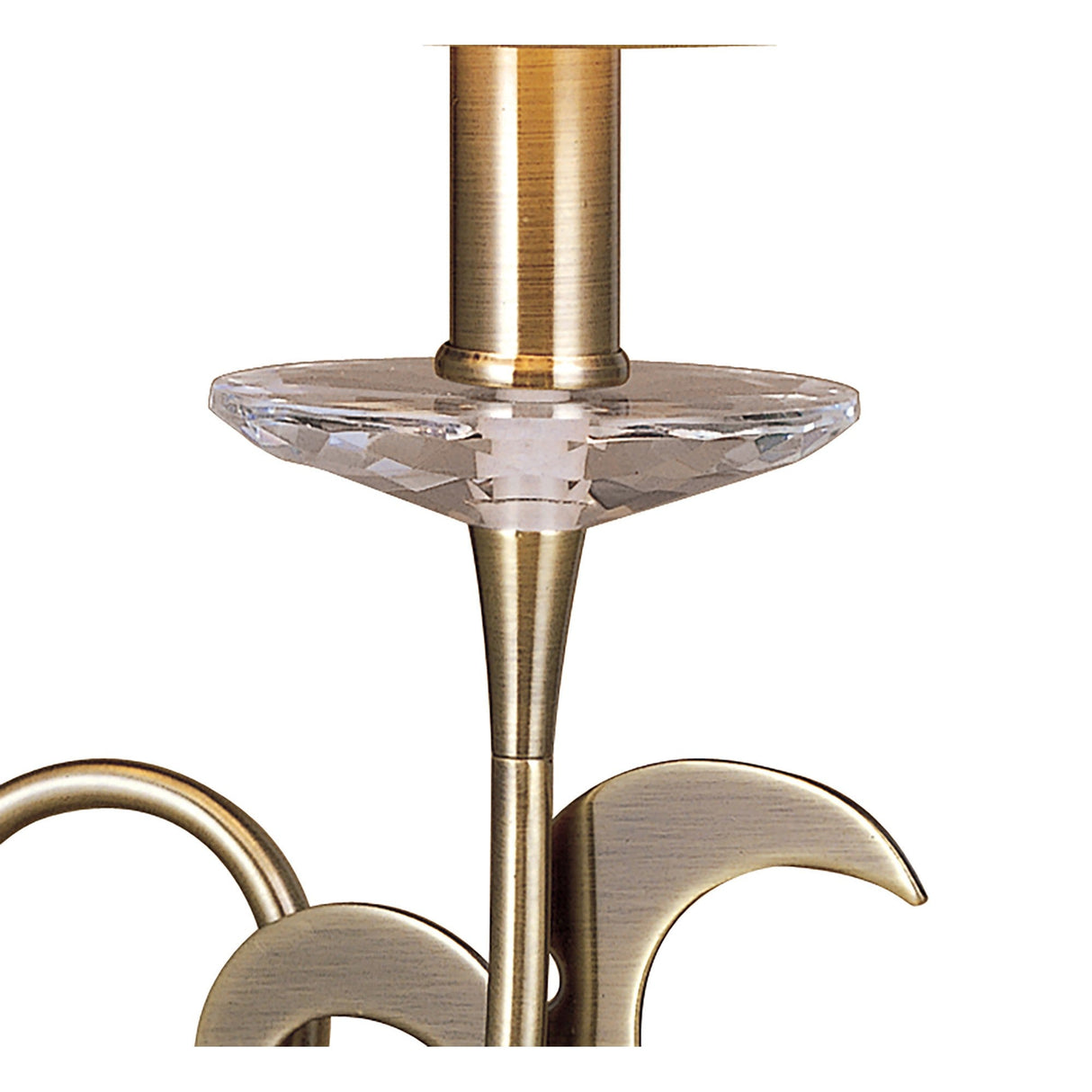 Close-up of the Acanto 1 Light Table Lamp in antique brass, featuring a faceted glass disk beneath the socket and elegant curved accents. Includes an amber cream shade, shown against a plain white background.