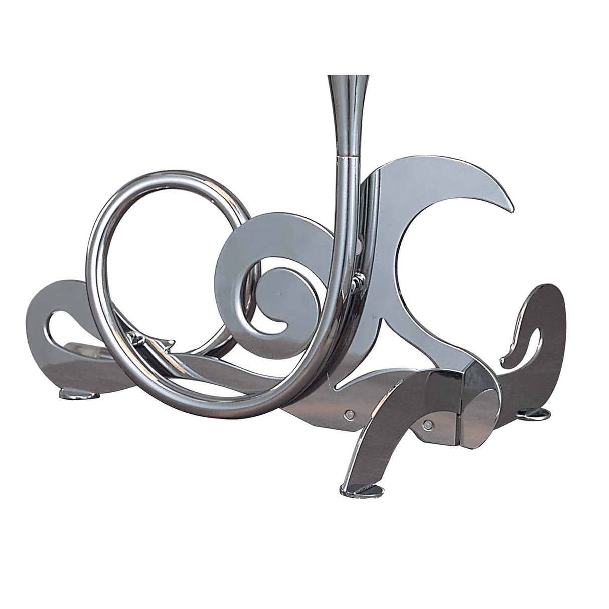 Close-up of the Mantra Acanto table lamp base showing the polished chrome scrollwork frame with curling volutes on a plain white background.