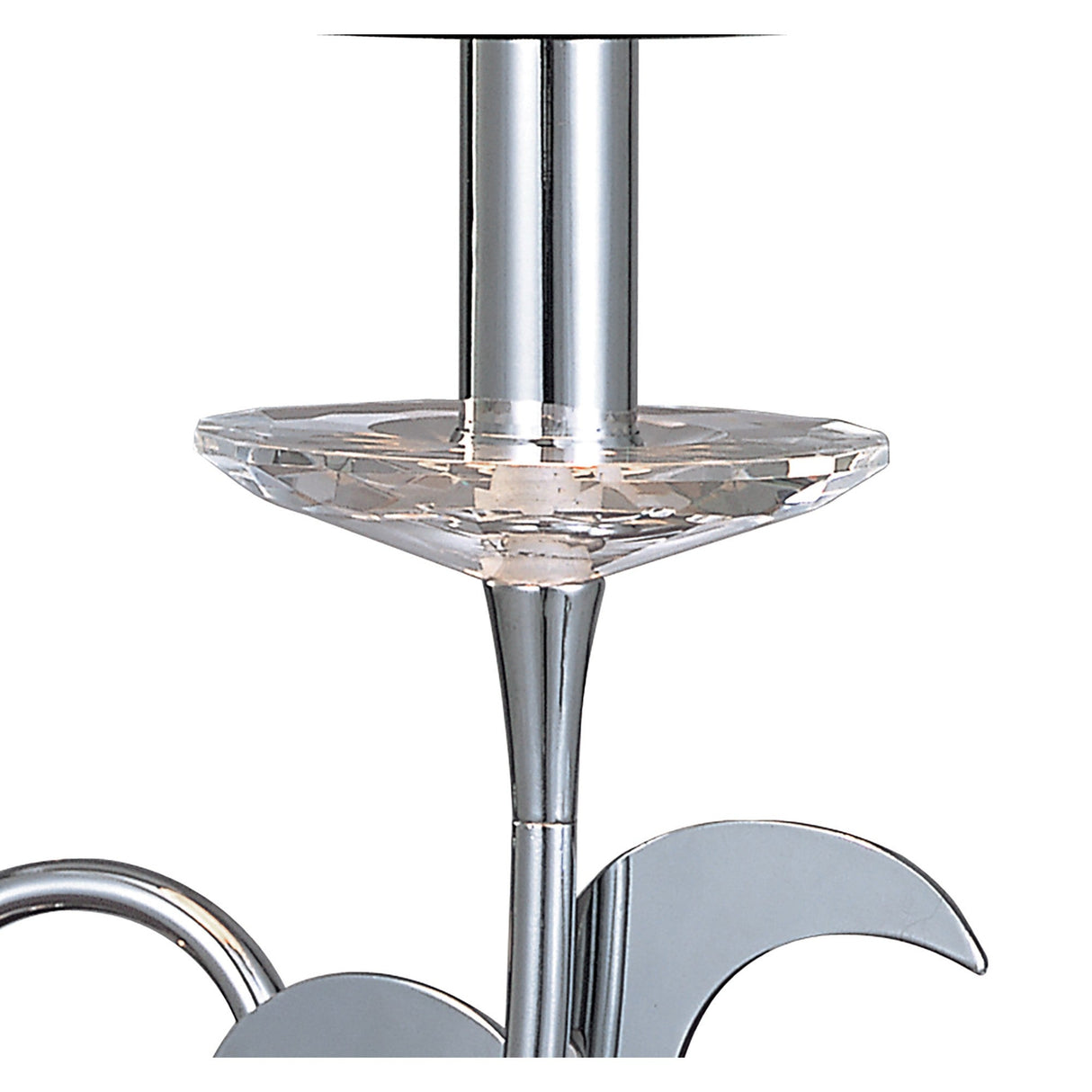 Close-up of the Mantra Acanto table lamp showing the polished chrome stem, cut crystal drip pan, and scrollwork base detail on a white background.