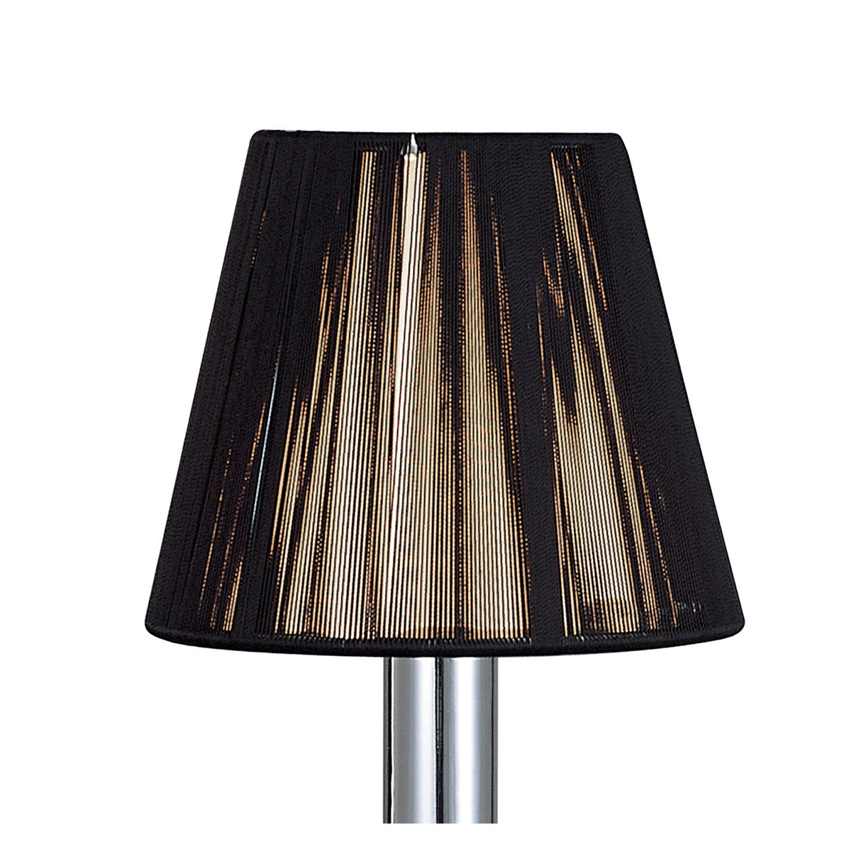 Mantra Acanto table lamp shade detail showing black pleated silk fabric with vertical striations on a polished chrome stem against a white background.