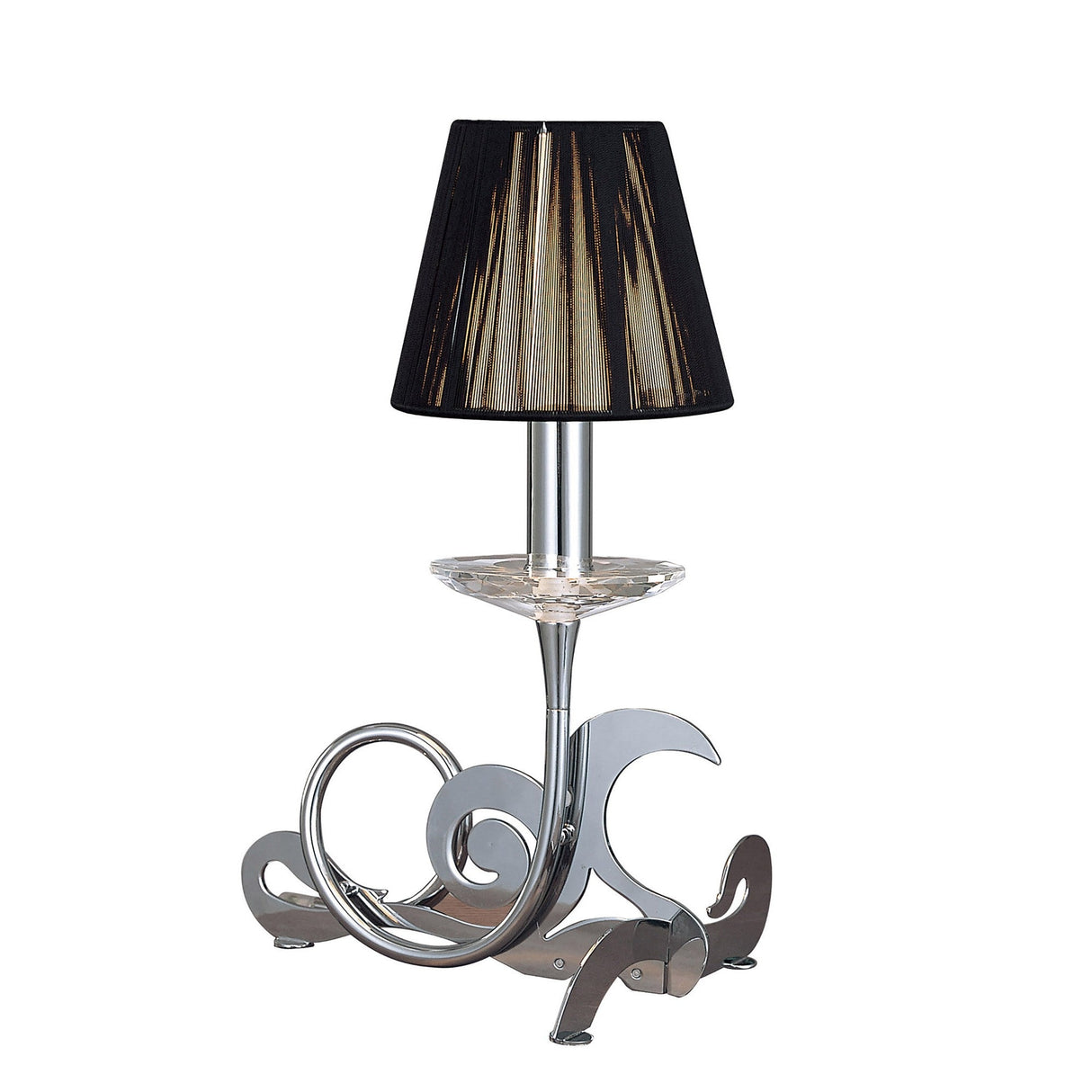 Mantra Acanto table lamp with polished chrome scrollwork base, cut crystal drip pan, and black pleated silk shade on a white background.