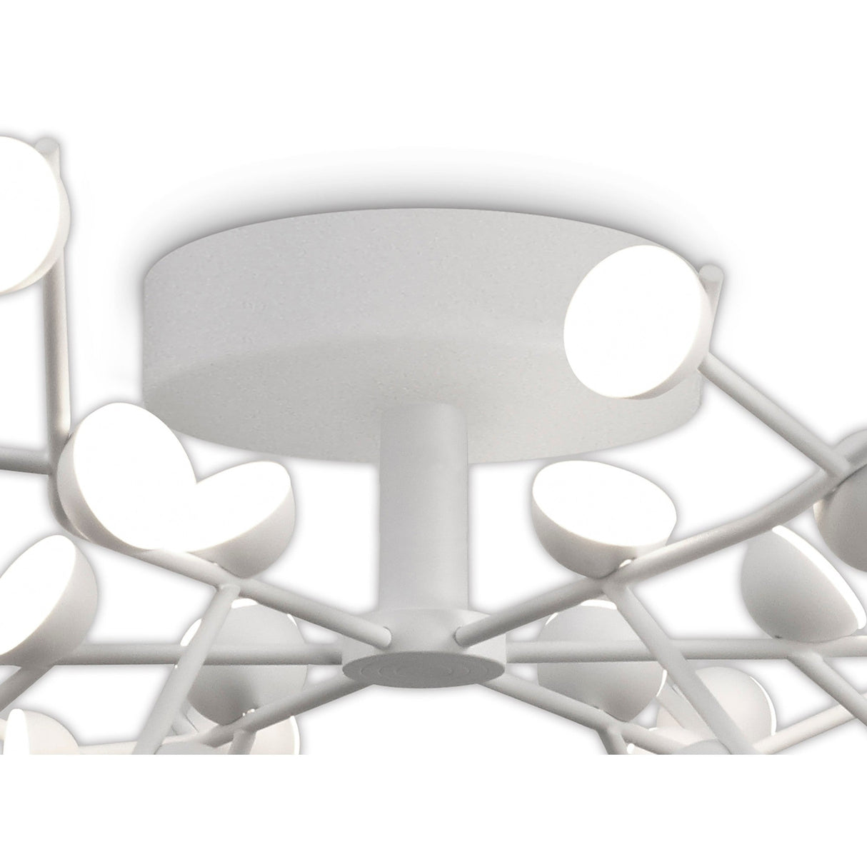 Close-up of the Mantra Adn 36 Light Semi-Flush Ceiling Light in white, showing the central canopy and branching metal arms with conical LED diffusers.