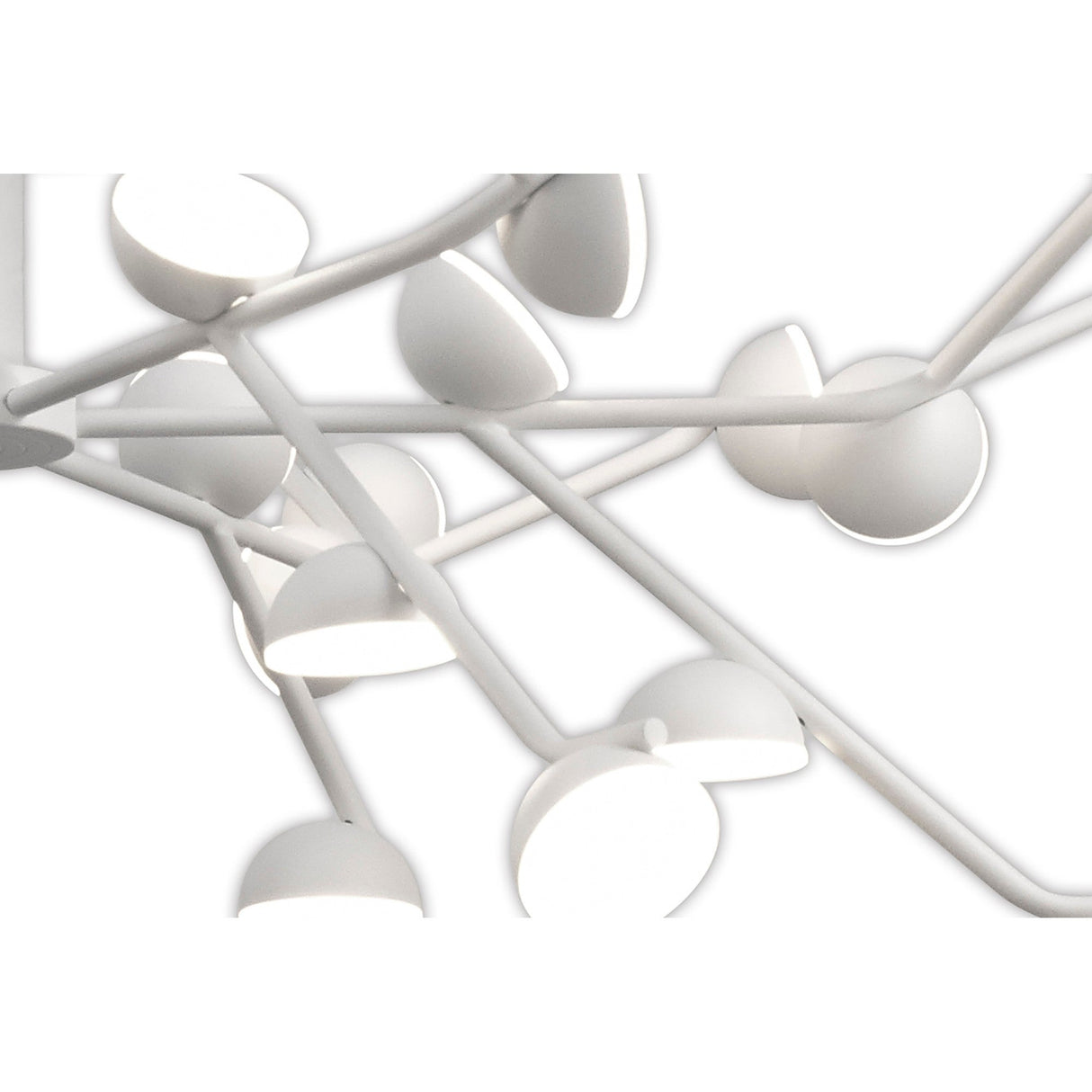 Close-up of the Mantra Adn semi-flush ceiling light showing white branching metal arms with conical LED diffuser heads in a radial starburst arrangement.