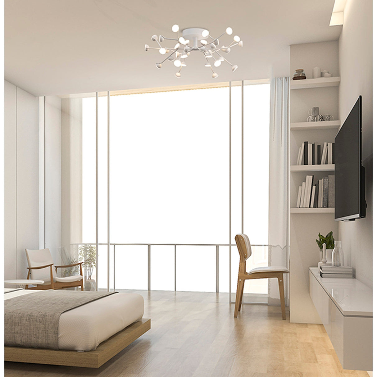 Mantra Adn 36-light semi-flush ceiling light in white with radiating arms and conical LED heads, in a modern bedroom with floor-to-ceiling window.