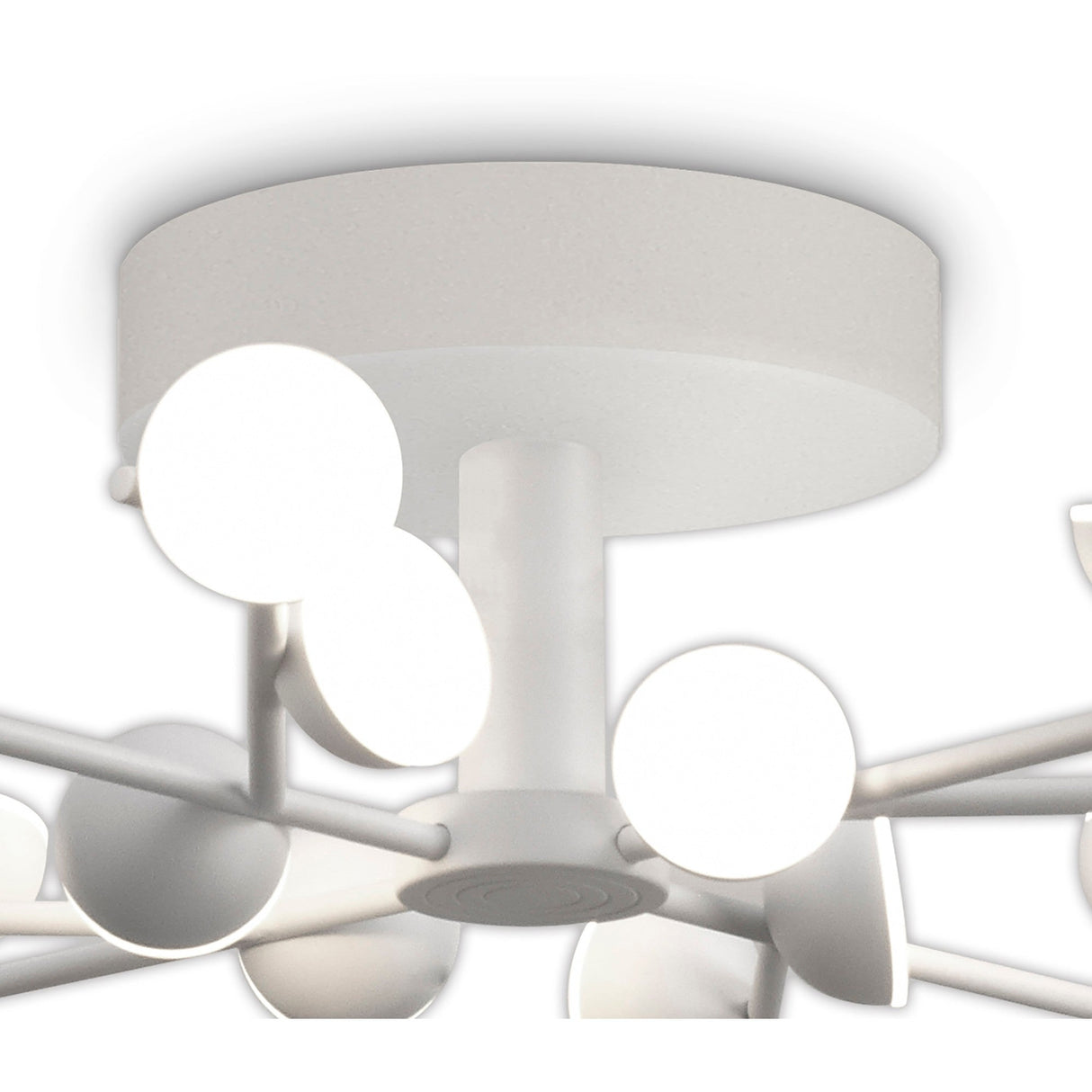Close-up of the Mantra Adn 24 Light semi-flush ceiling light in white, showing the central hub and radiating arms with rounded LED diffuser heads.