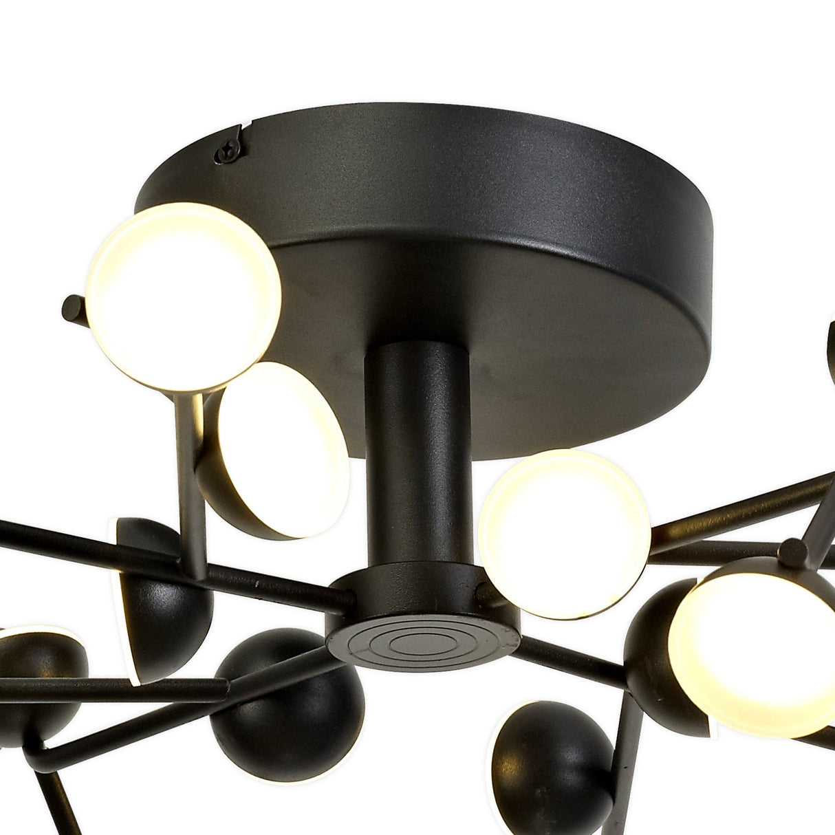 Close-up of the Mantra Adn 24-light semi-flush ceiling light, showing the matt black canopy, central hub and branching arms tipped with frosted LED discs.
