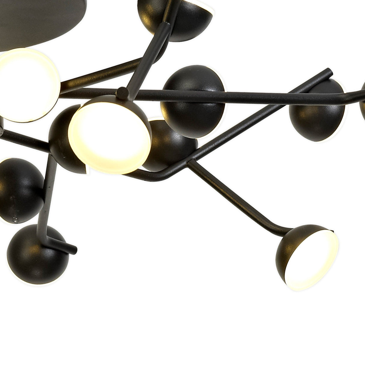 Close-up of Mantra Adn 24 Light Semi-Flush Ceiling Light with branching matt black arms tipped by integrated LED modules behind frosted diffusers.
