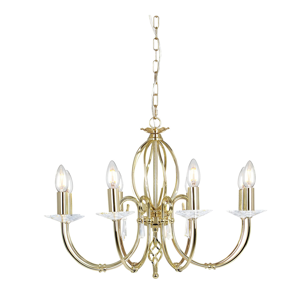 A polished brass chandelier with six candle-style lights and cut glass droplets, similar to the Aegean 8 Light Chandelier - Polished Brass. Each elegantly curved arm holds a clear glass bobeche, with traditional candle-shaped bulbs. It hangs gracefully from a matching chain.