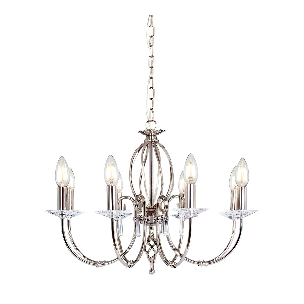 The Aegean 8 Light Chandelier - Polished Nickel features a polished silver finish and eight candle-shaped bulbs, each beautifully affixed to a gracefully curved arm. Hanging from a linked chain, this contemporary chandelier enhances any space with its sophisticated polished nickel charm.
