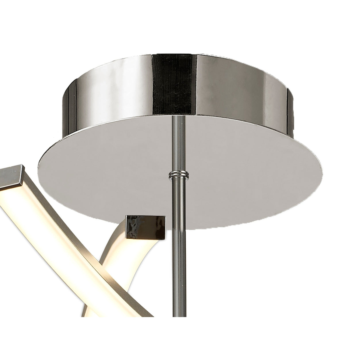 Close-up of the Mantra Aire semi-flush ceiling light showing the polished chrome cylindrical canopy with a curved silver LED arm extending below.