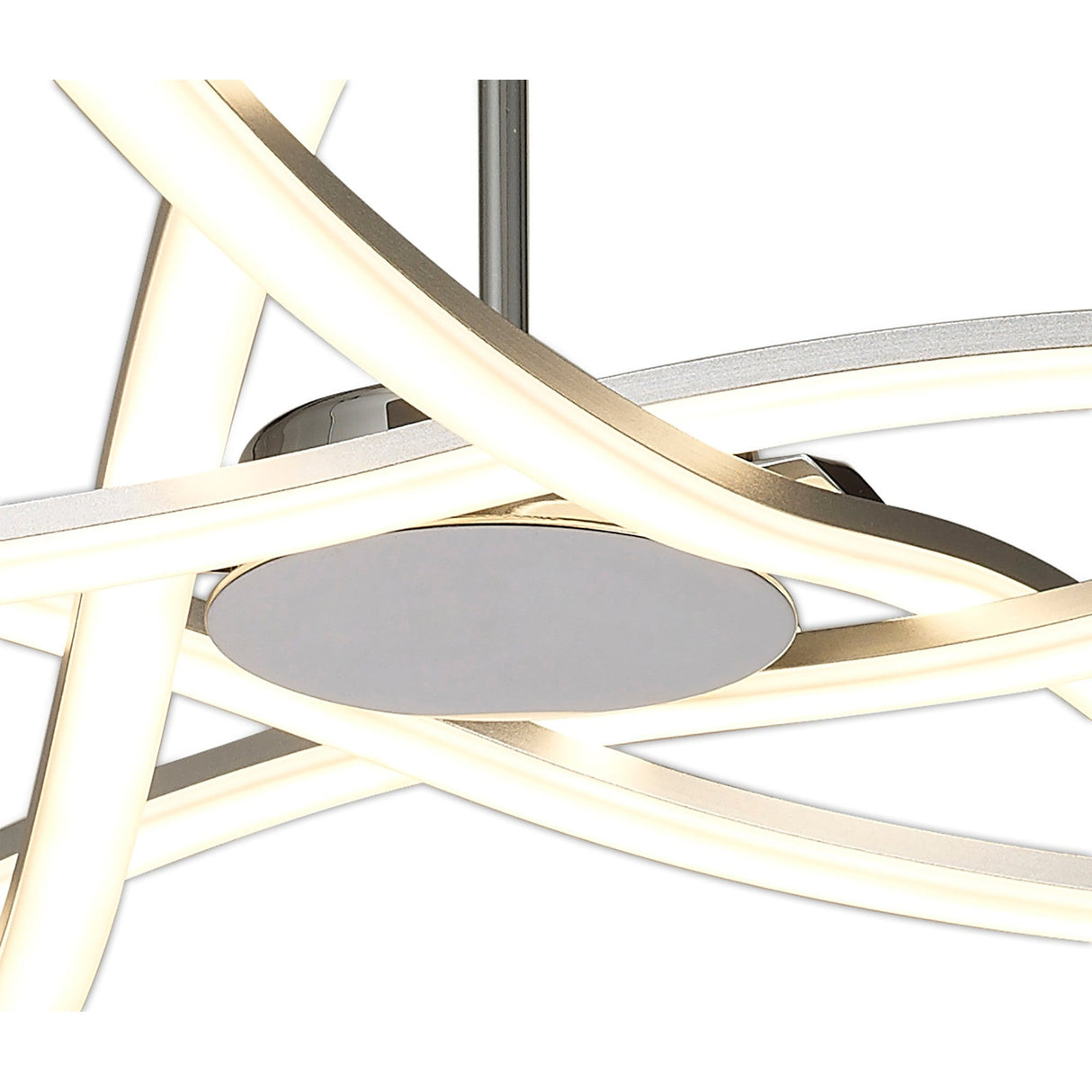 Close-up of the Mantra Aire semi-flush ceiling light showing curved silver arms with frosted white LED diffusers meeting a polished chrome canopy.