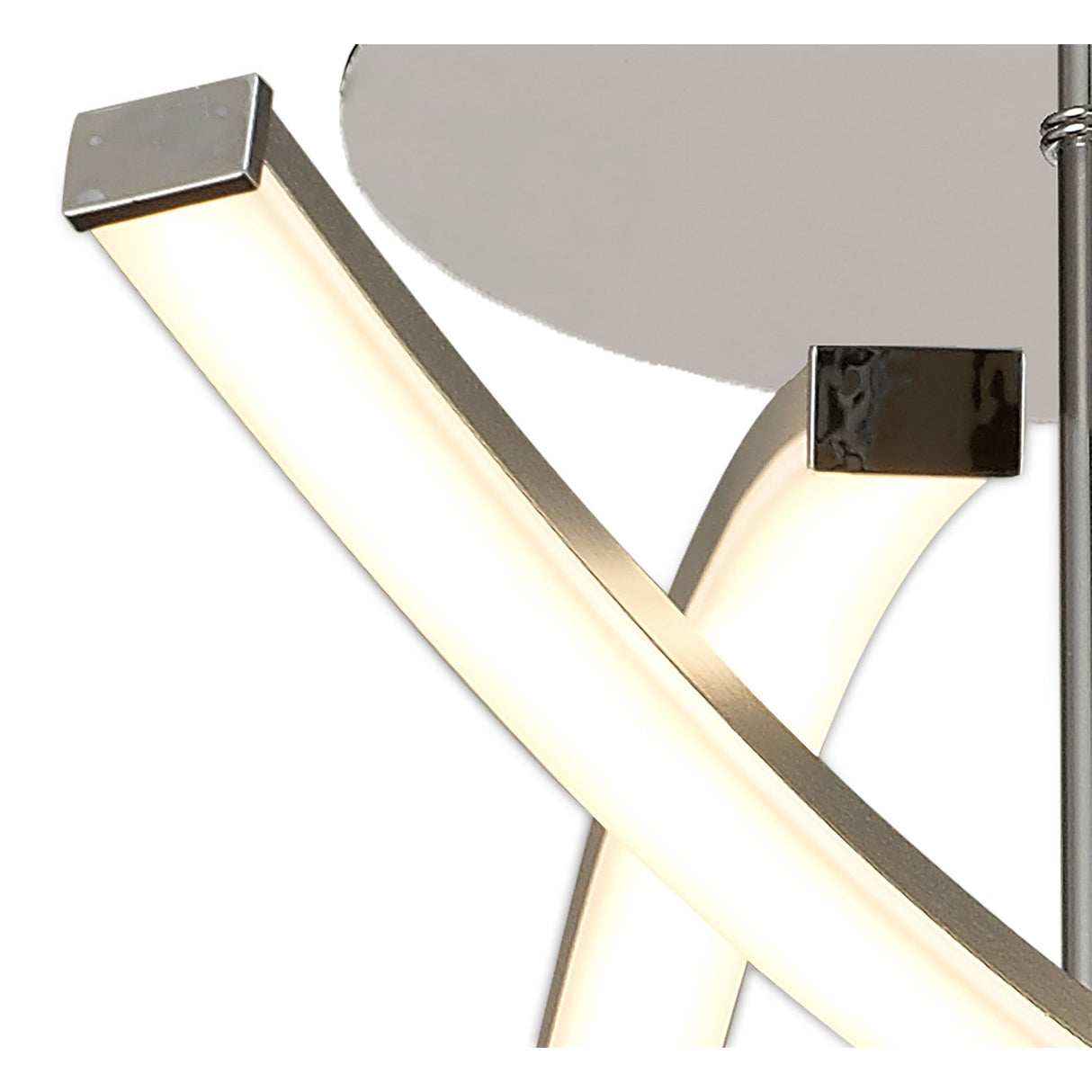 Close-up of Mantra Aire semi-flush ceiling light showing crossed curved arms with frosted acrylic diffusers, silver finish, and polished chrome canopy.