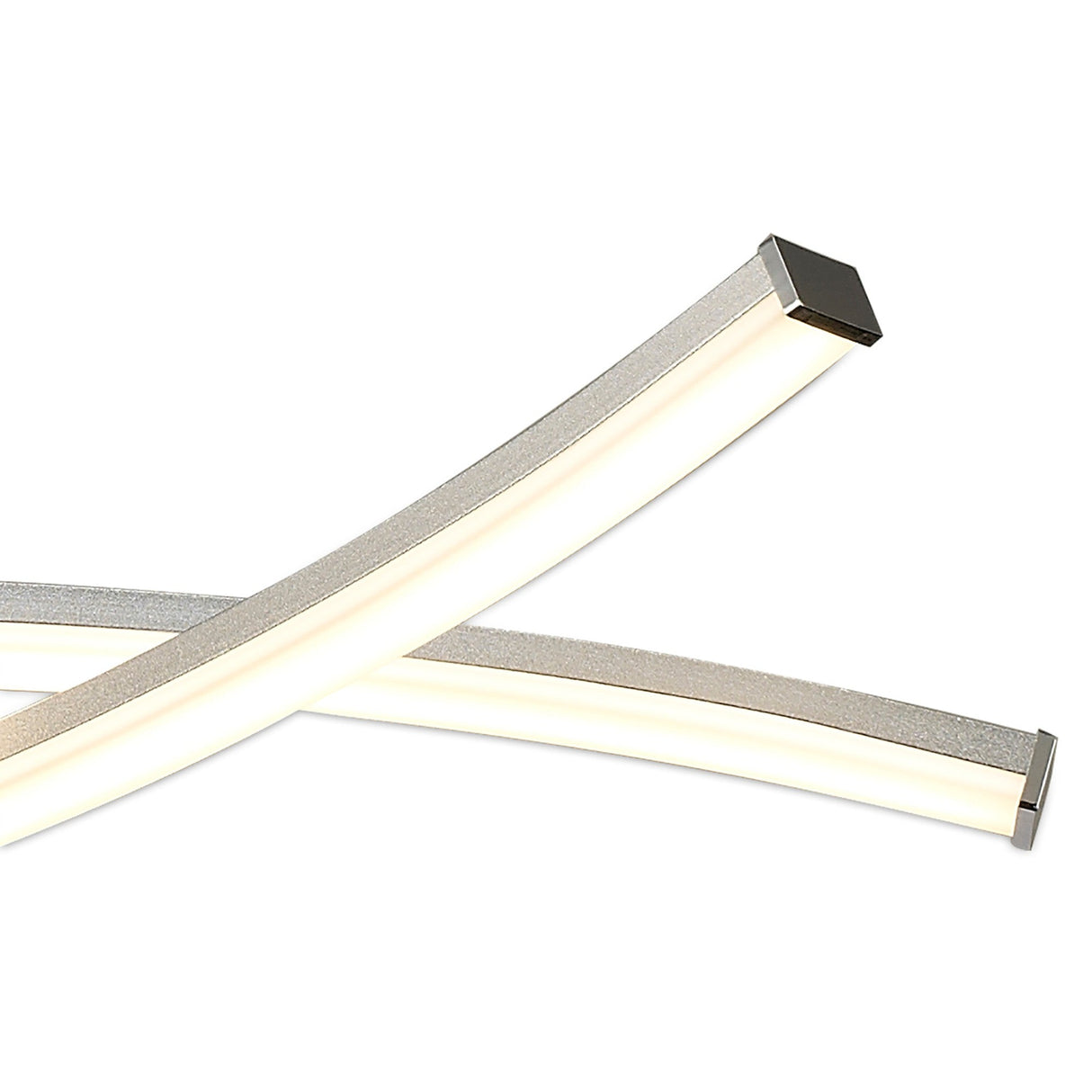 Close-up of Mantra Aire semi-flush ceiling light arms in silver with frosted white LED diffusers and polished chrome end caps on a white background.
