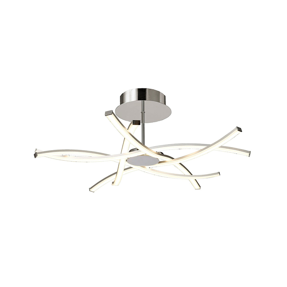 Mantra Aire dimmable LED semi-flush ceiling light with six curved silver arms, frosted diffusers and polished chrome canopy on a white background.