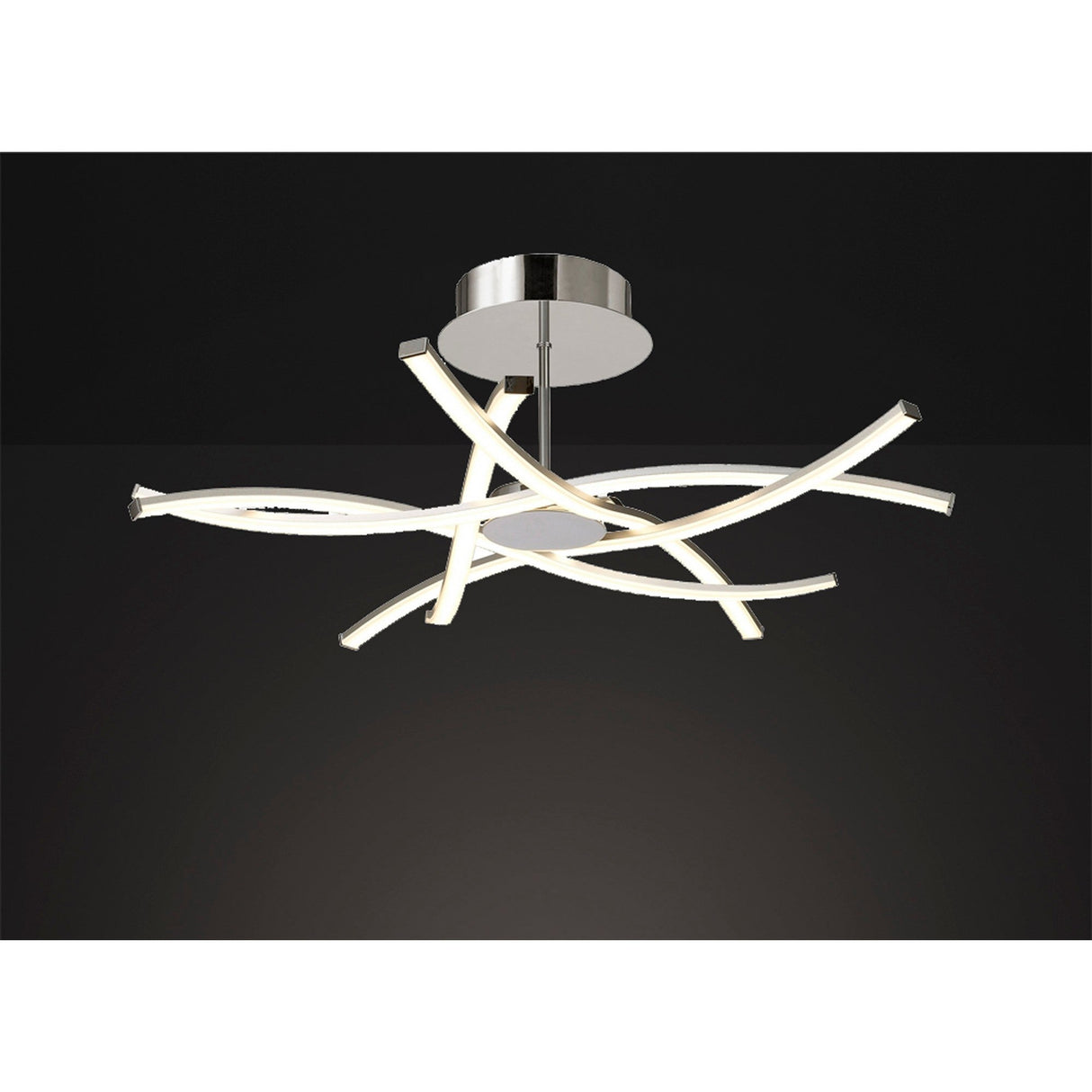 Mantra Aire semi-flush ceiling light with six curved silver arms and frosted LED diffusers around a polished chrome canopy, shown on a black background.