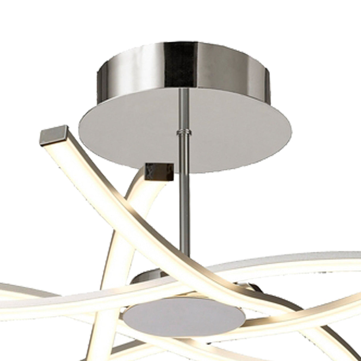 Close-up of the Mantra Aire LED semi-flush ceiling light showing the polished chrome canopy and curved silver arms with frosted white LED diffusers.