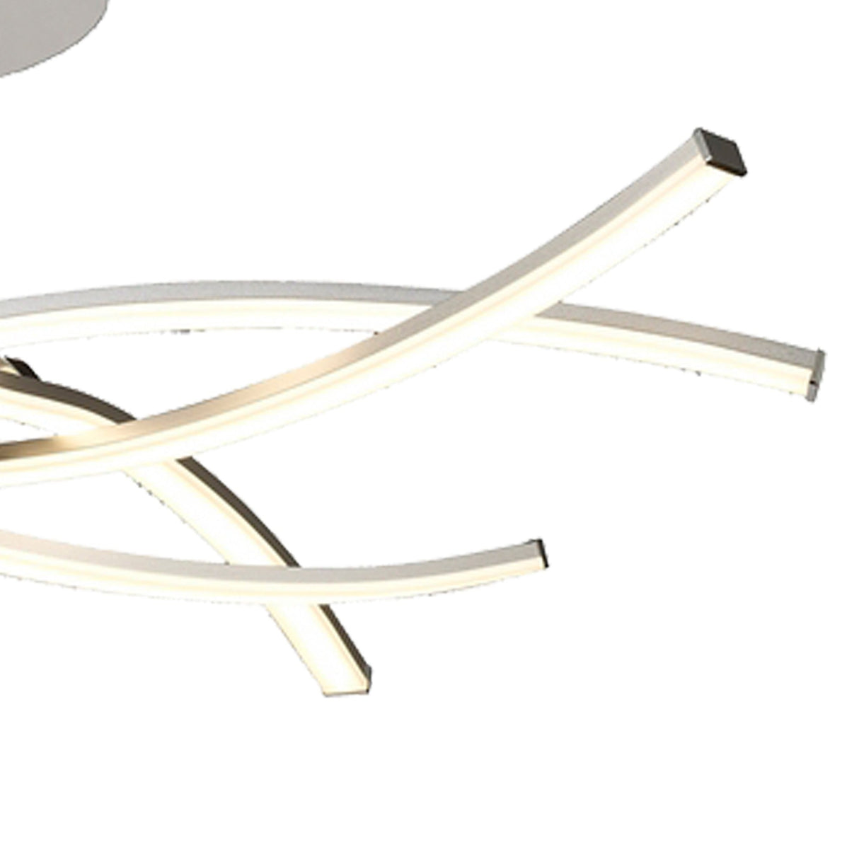 Close-up of the Mantra Aire LED semi-flush ceiling light showing curved silver arms with frosted white diffusers and a polished chrome canopy.