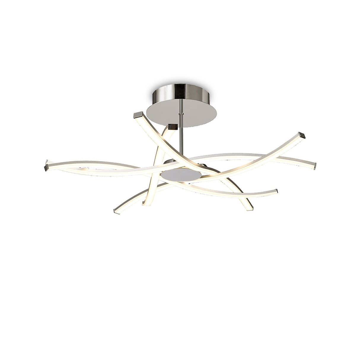 Mantra Aire LED semi-flush ceiling light with six curved silver arms and frosted diffusers radiating from a polished chrome canopy, on a white background.