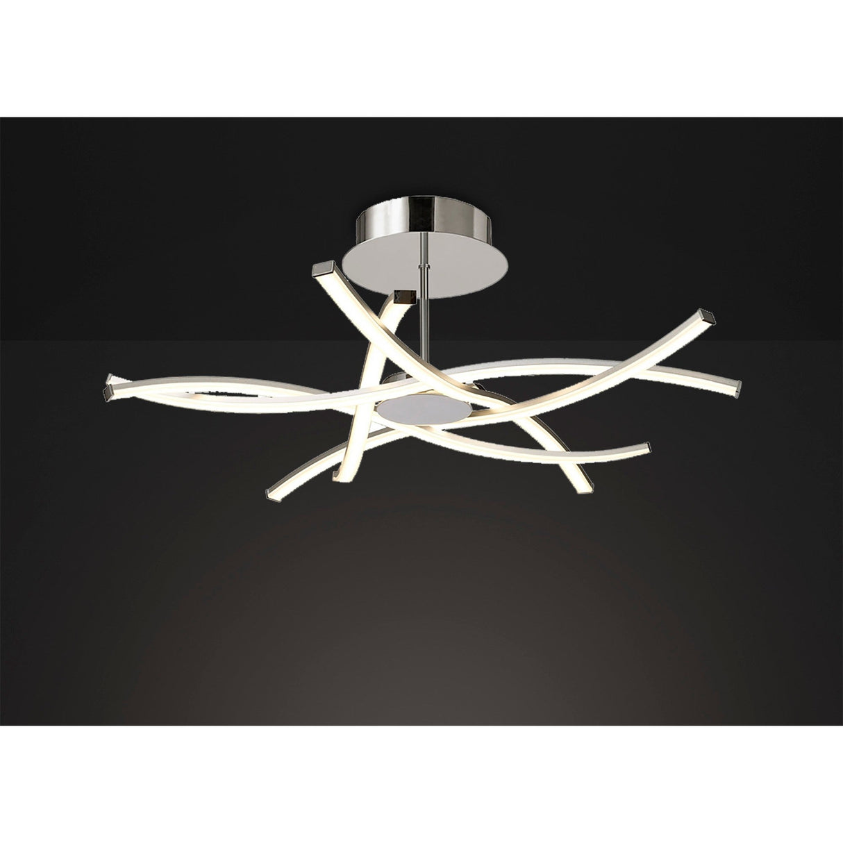 Mantra Aire LED semi-flush ceiling light with six curved silver arms and frosted diffusers radiating from a polished chrome canopy, on a black background.
