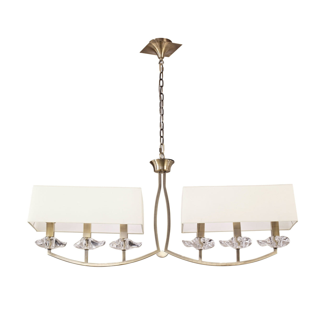 Akira 6 Light 2 Arm Crystal Chandelier - Brass With Cream Shades