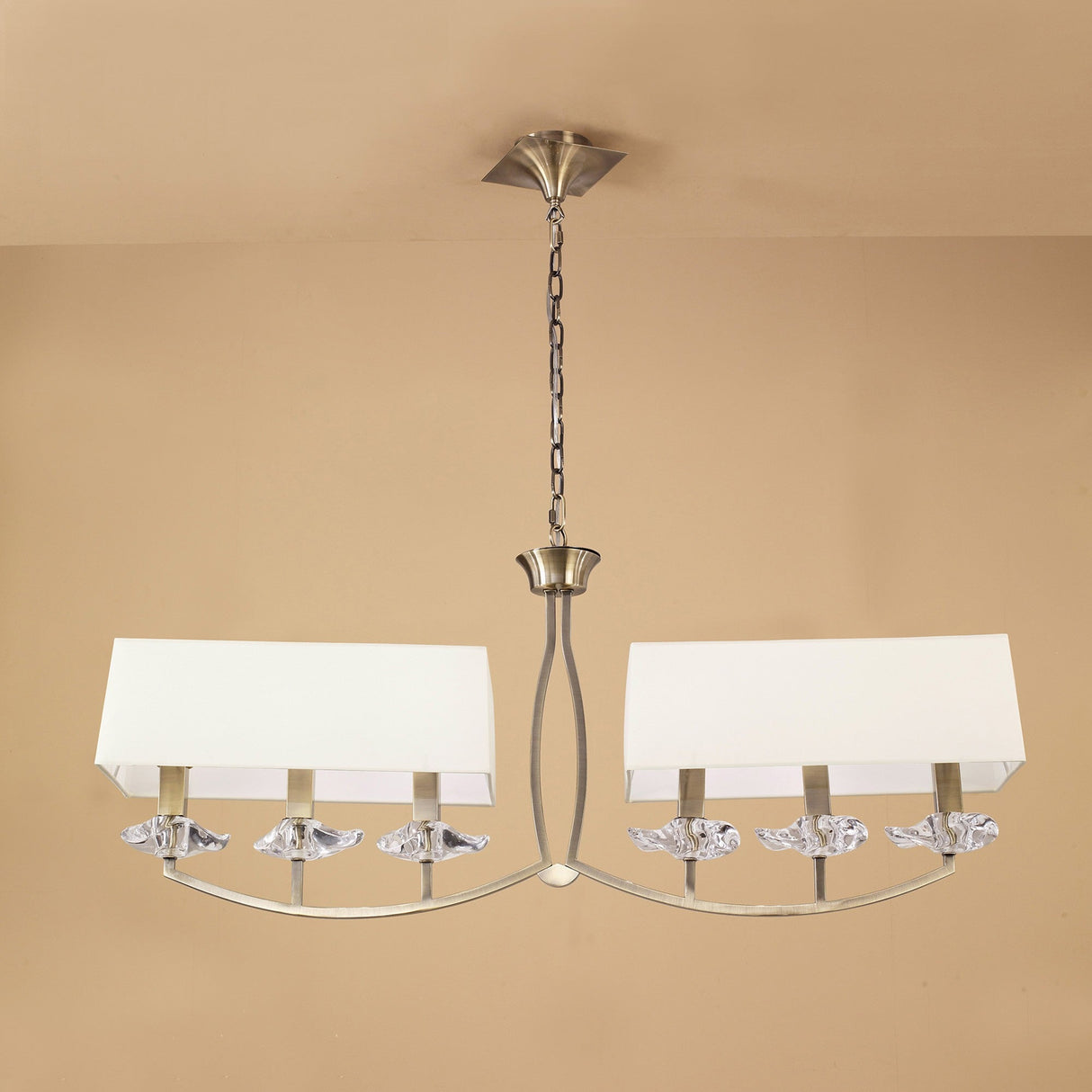 Akira 6 Light 2 Arm Crystal Chandelier - Brass With Cream Shades