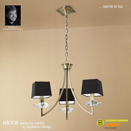Akira 54cm 3 Light Crystal Chandelier - Brass With Black Shades