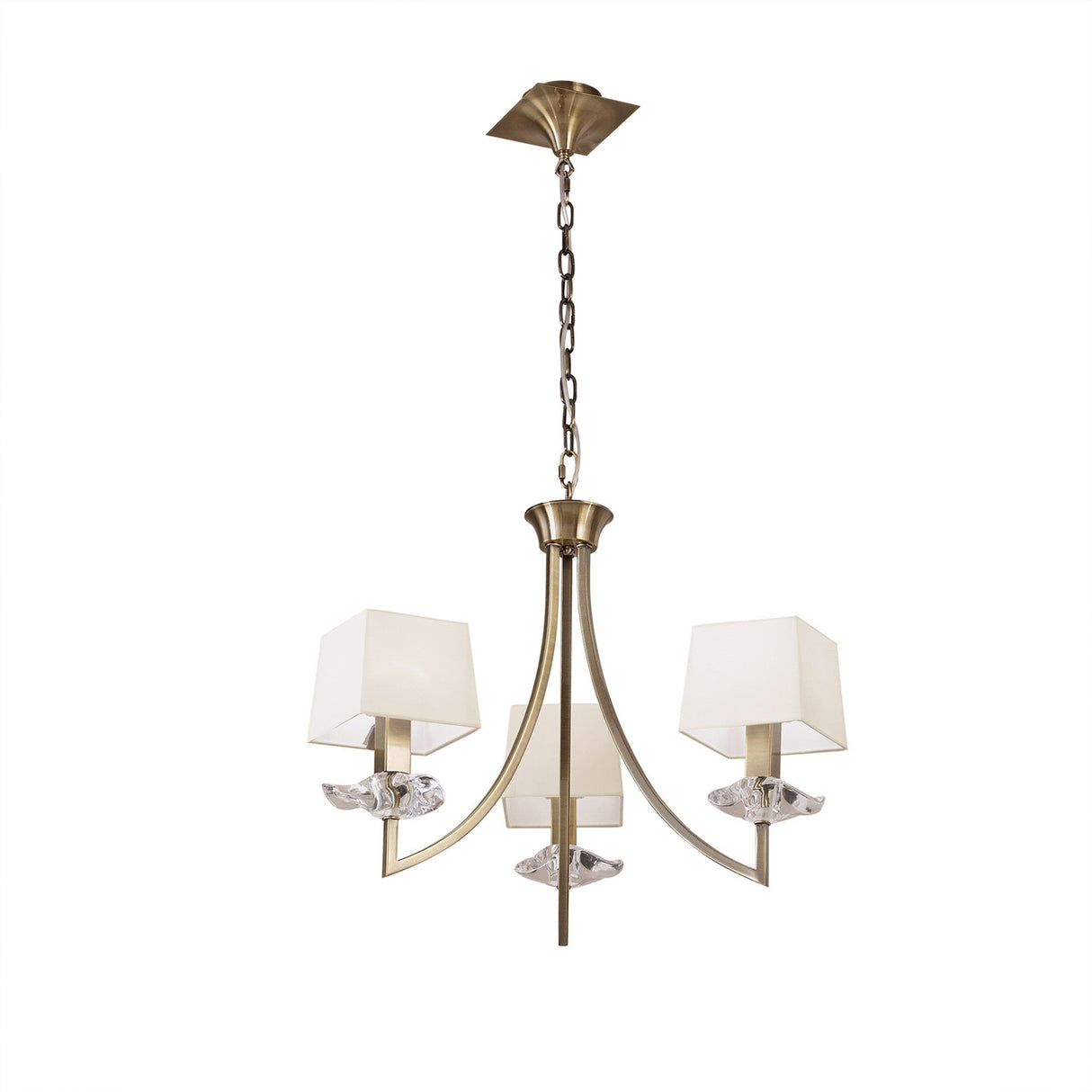 Akira 54cm 3 Light Crystal Chandelier - Brass With Cream Shades