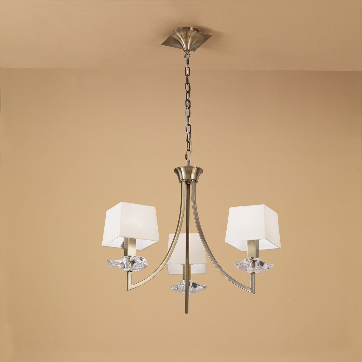 Akira 54cm 3 Light Crystal Chandelier - Brass With Cream Shades