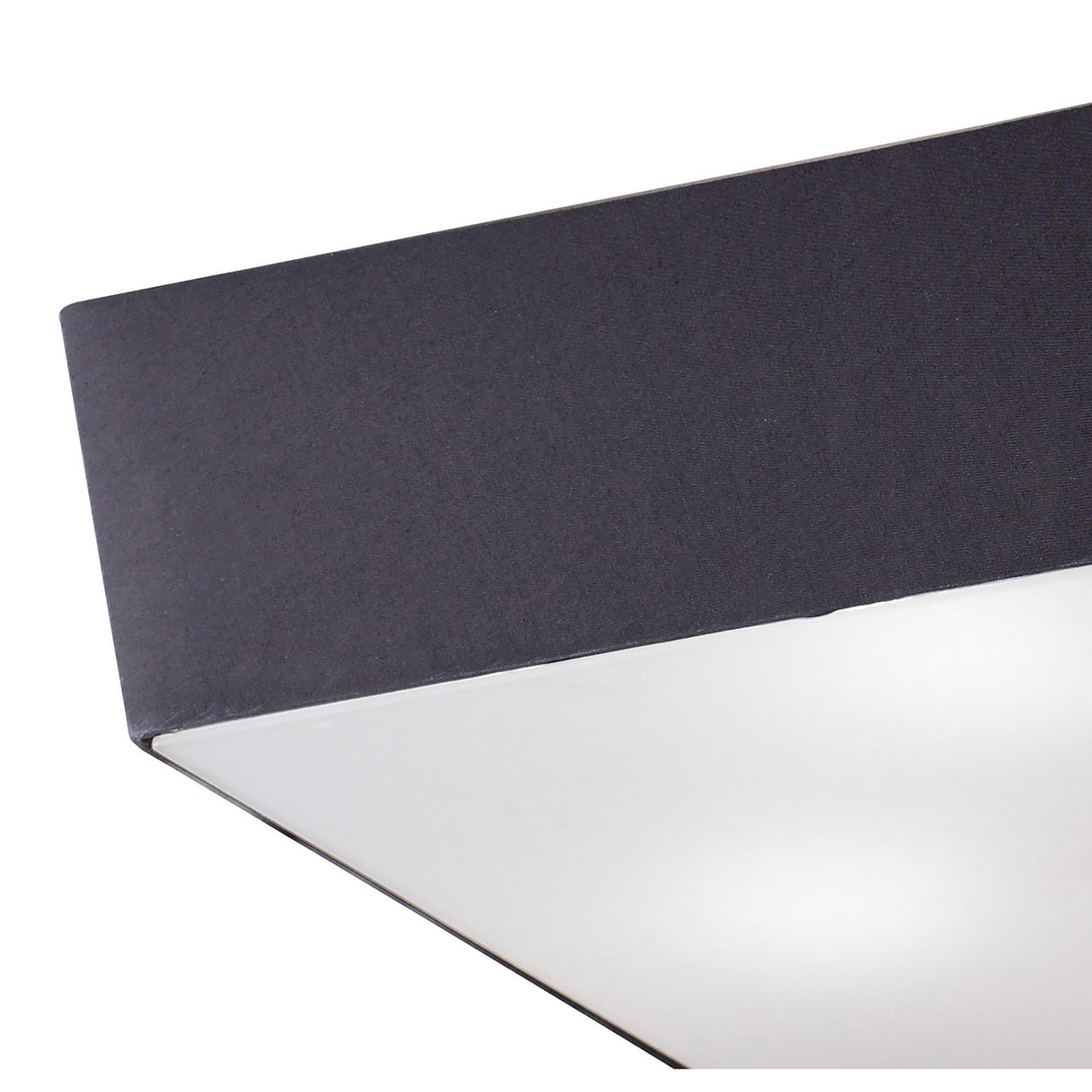 Close-up of the Mantra Akira 4 Light Square Flush Ceiling Light corner, showing the matt black metal frame and frosted white acrylic diffuser.